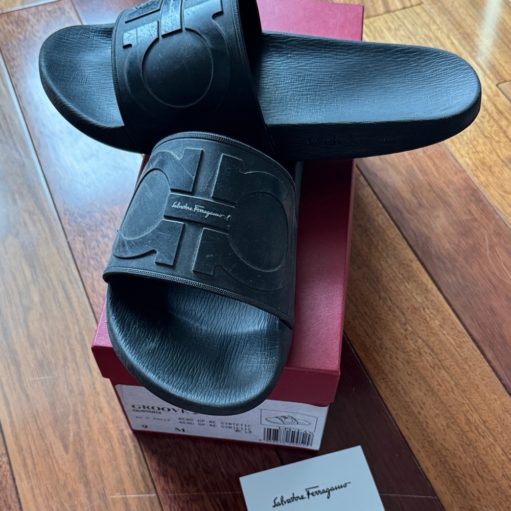 Salvatore Ferragamo Black Embossed Slides